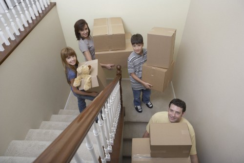 Preparation checklist for office relocation with labeled boxes and desks