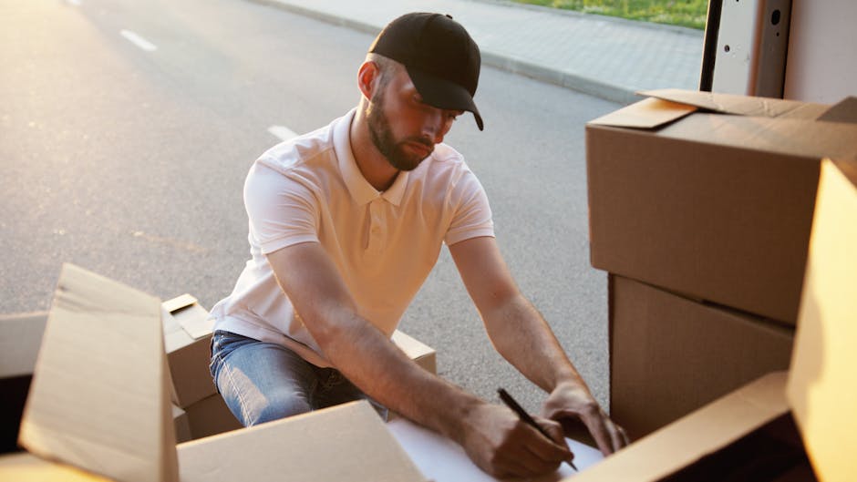 A man wearing a black cap and a white polo shirt is kneeling outside a vehicle, surrounded by open cardboard boxes containing packing materials. He is using a black marker to label a box, which is part of the packing process during a home relocation or furniture transport. The scene takes place on a paved surface near a doorway, with additional boxes stacked nearby and the interior of the vehicle open behind him. The lighting suggests daylight, providing clear visibility of the packing materials, cardboard boxes, and the man's focused actions in preparing items for removal or transport. This image captures the practical steps involved in loading and packing during a professional removals service, exemplified by Man and Van Palmers Green, as they assist with effective moving logistics and packing and moving procedures.