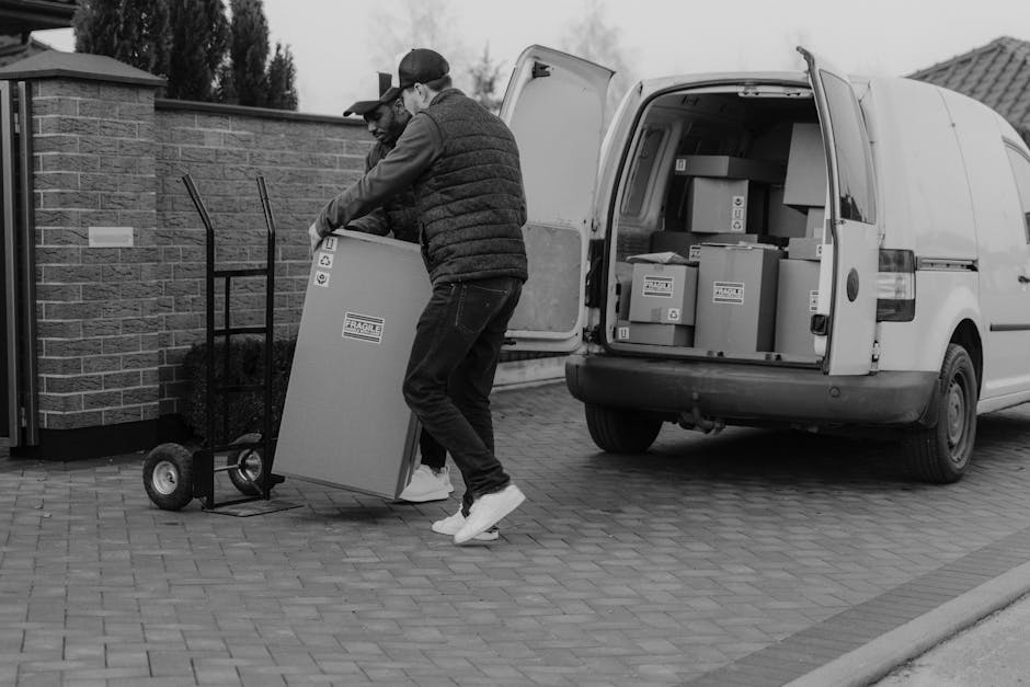 A man wearing casual clothing, including a cap, is seen loading cardboard boxes into the rear cargo area of a large white moving van parked outside a modern industrial building with large glass window